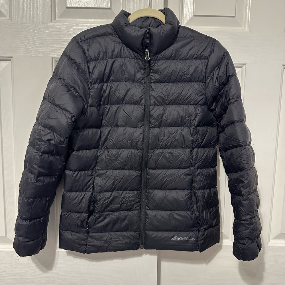 Eddie Bauer Packable Down Jacket Womens M Black EB650 Fill Quilted Outdoors Zip